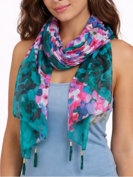 Soft Surroundings Accessories - SOFT SURROUNDINGS Floral Print Beaded Tassel Scarf Wrap One Size 100% Cotton